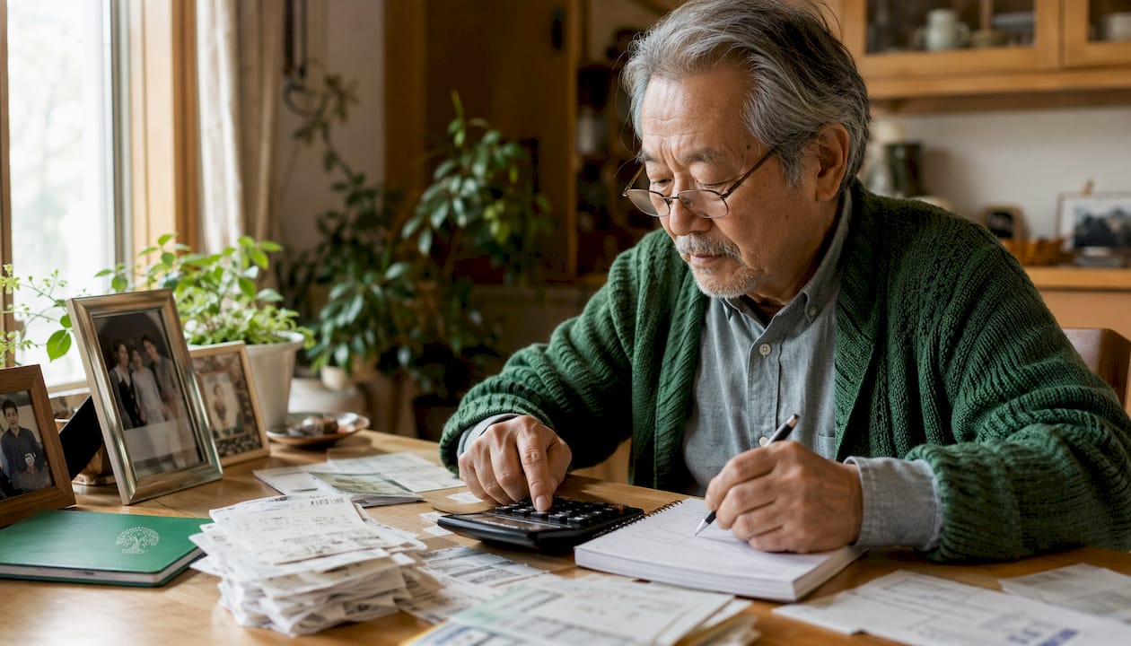 Elderly man calculating household income at desk