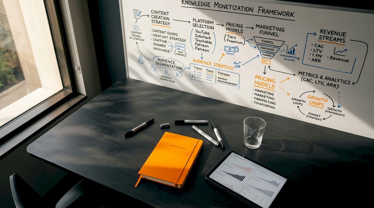 Whiteboard showing knowledge monetization framework diagram