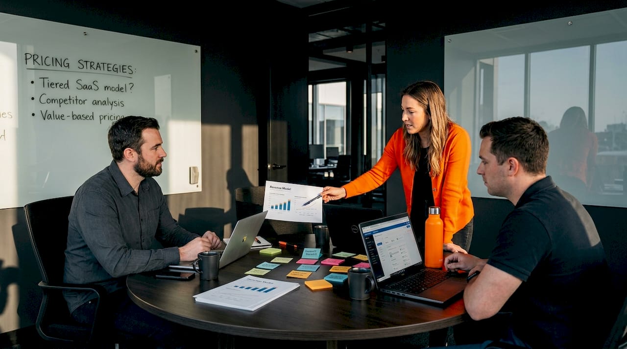 Team discussing revenue model components in meeting