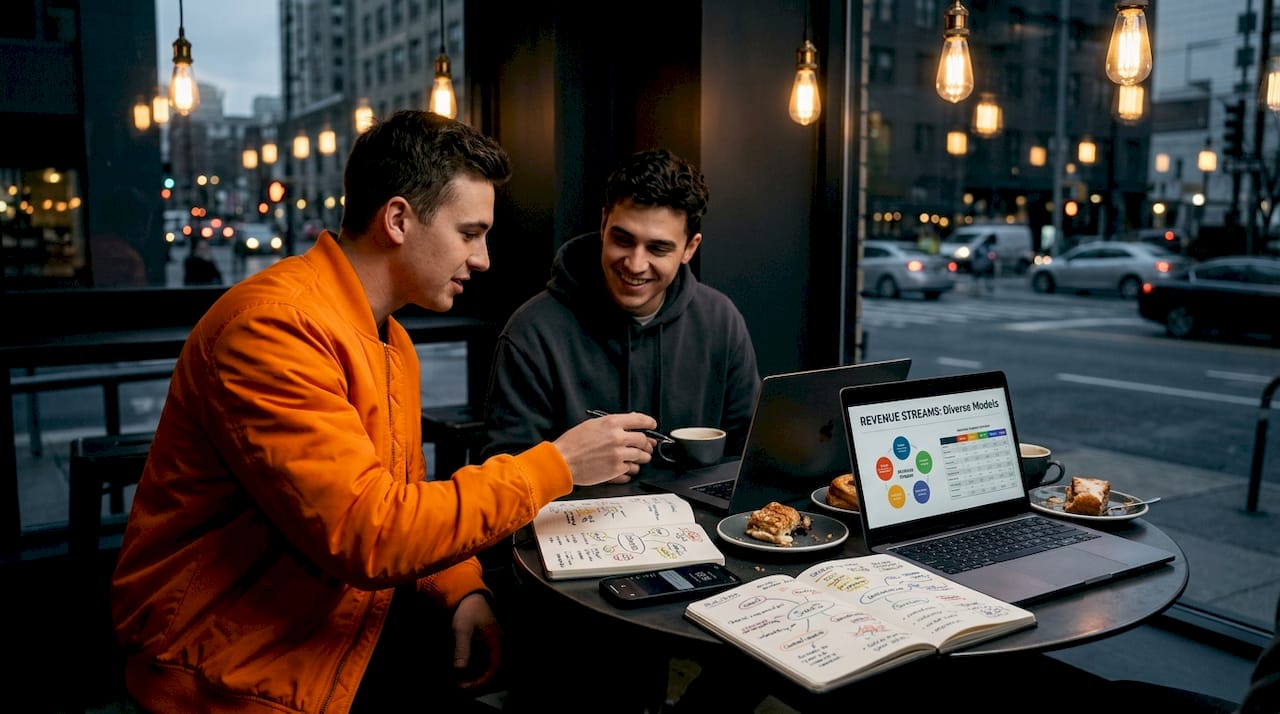 Creators discussing revenue models at café