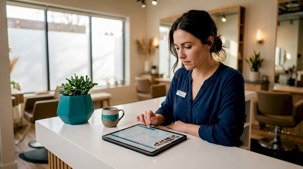 Salon receptionist using digital intake form on tablet