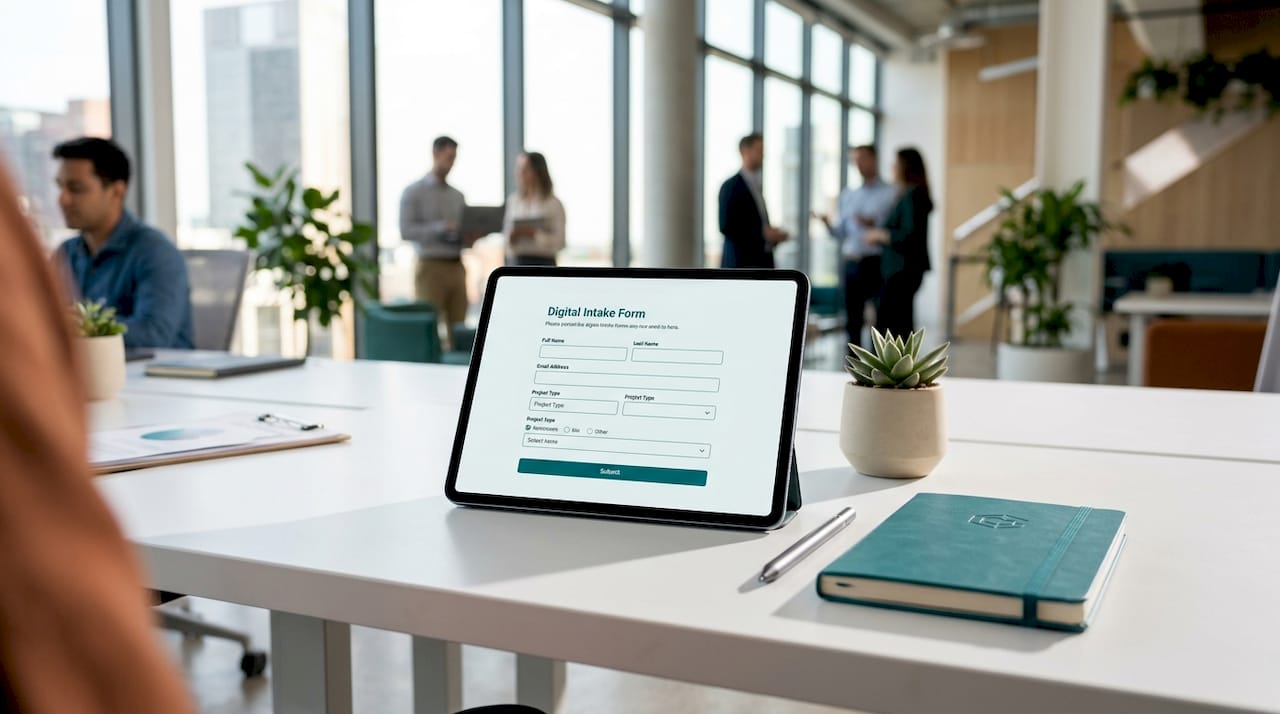 Tablet showing digital intake form on table