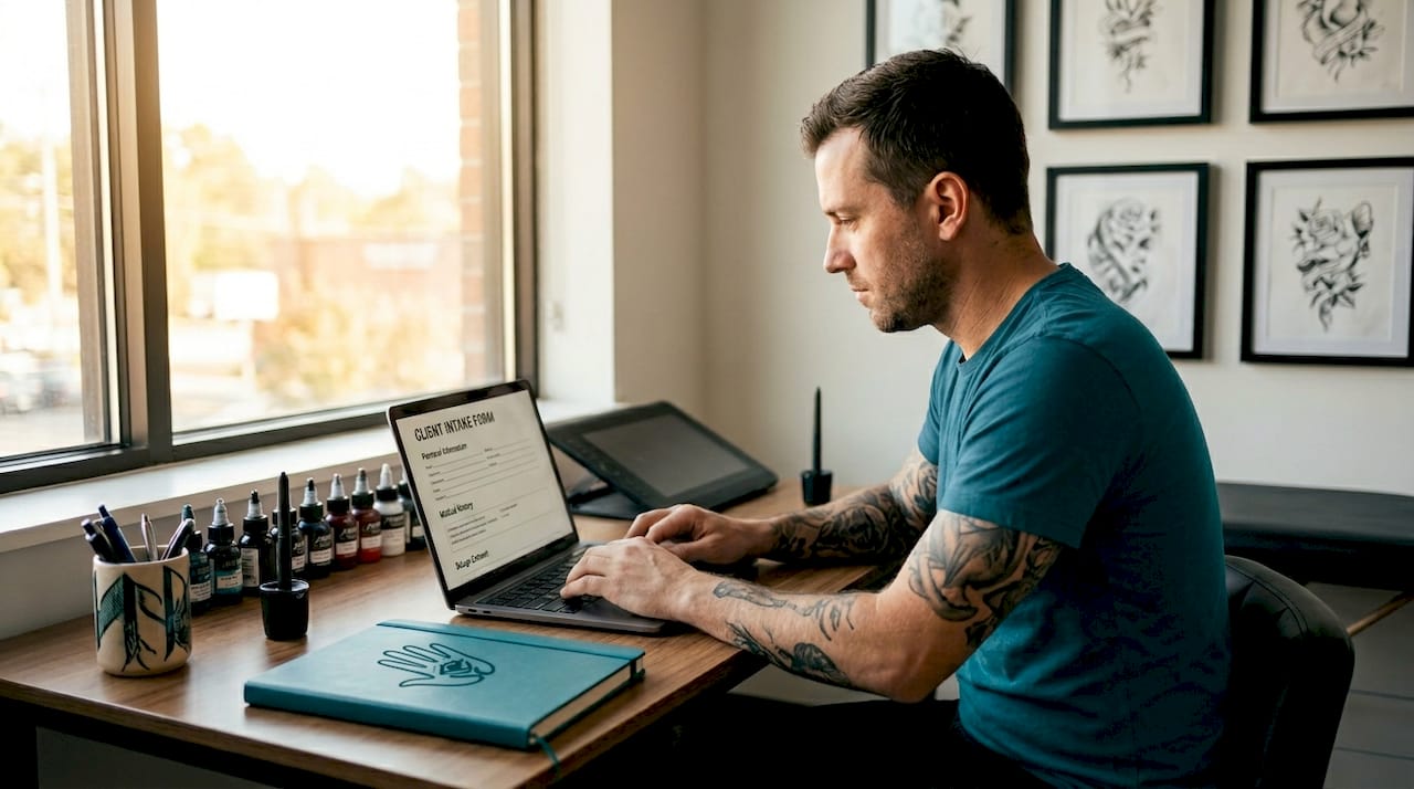 Tattoo artist reviewing client digital form on laptop