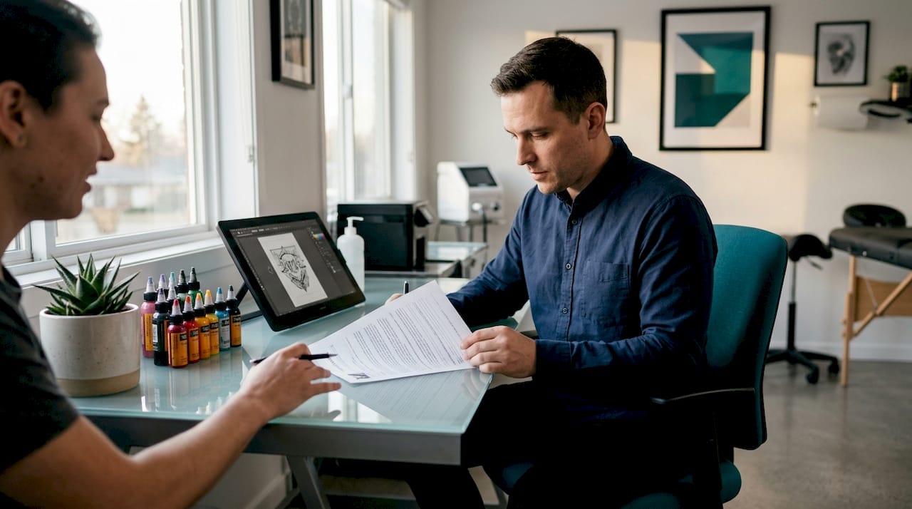 Tattoo artist and client reviewing consent form