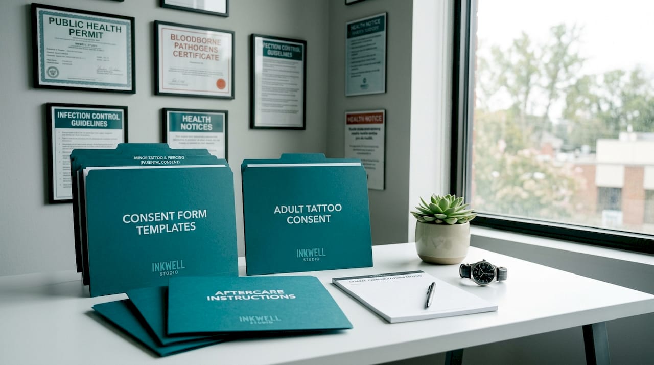 Studio workspace with organized consent form templates