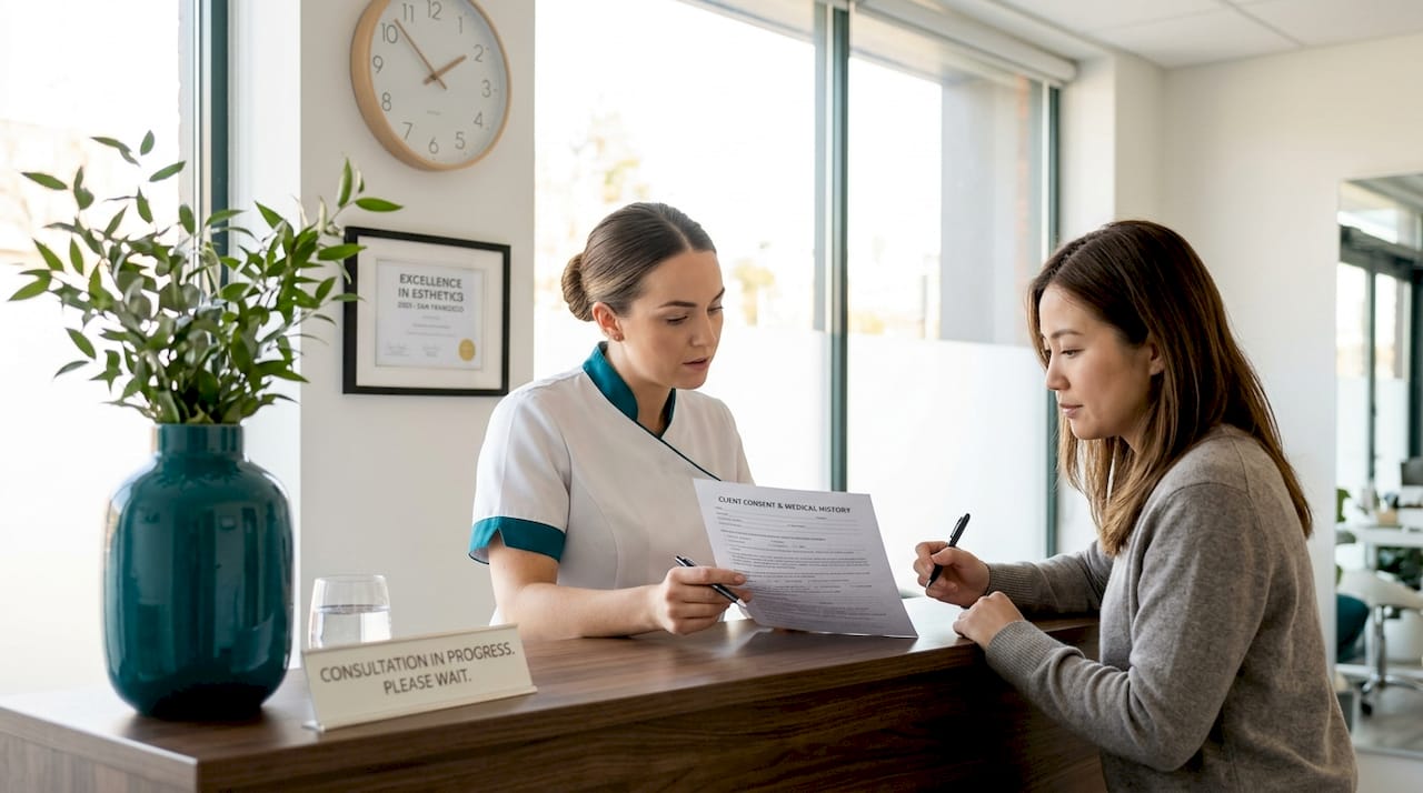 Esthetician reviewing consent form with client
