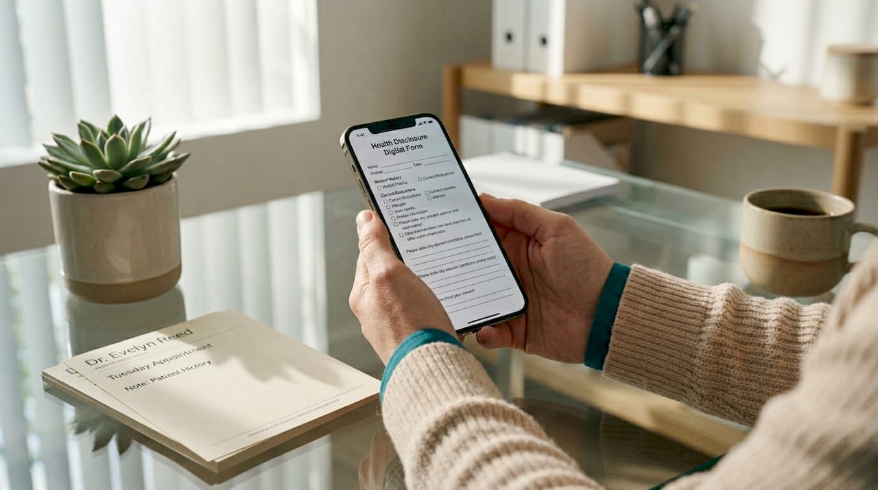 Hands holding smartphone with health disclosure form