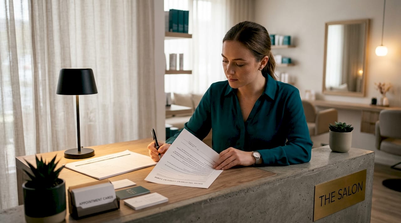 Salon receptionist reviewing brow treatment consent form