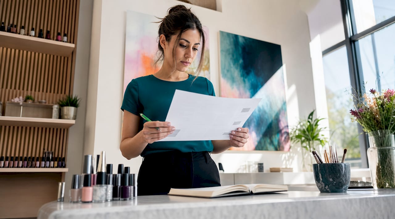 Nail technician reviewing client intake form