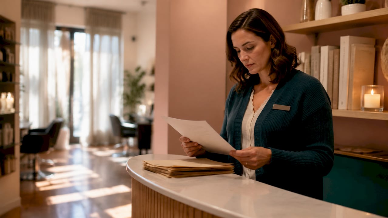 Salon manager reviewing minor consent forms