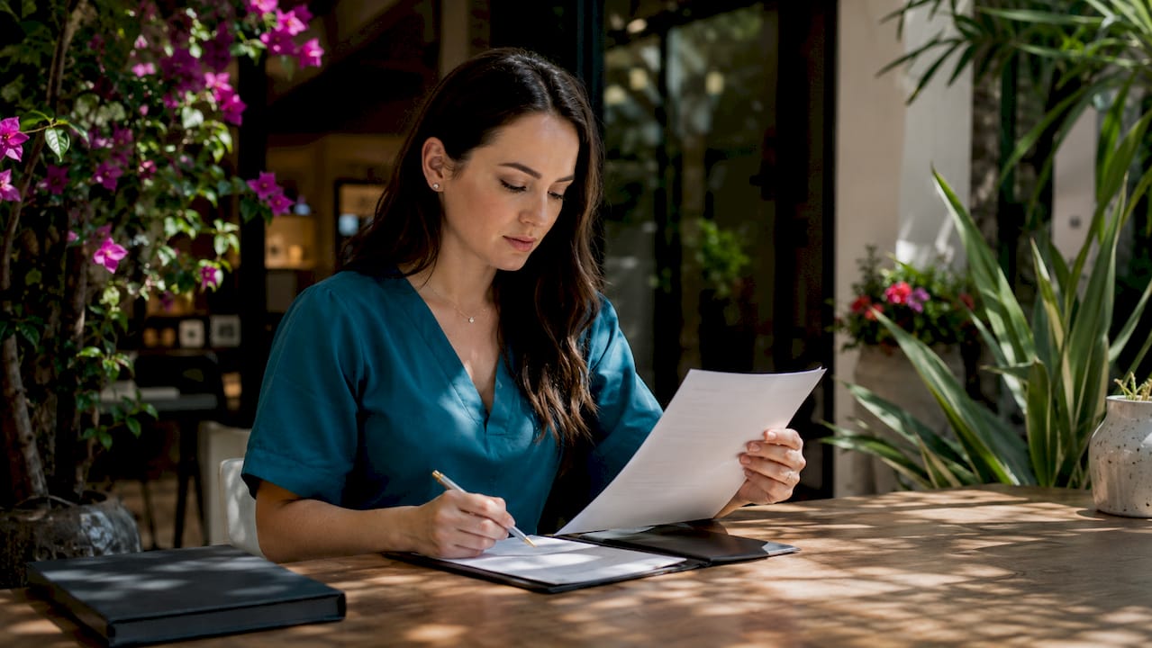 Hands reviewing microblading consent form