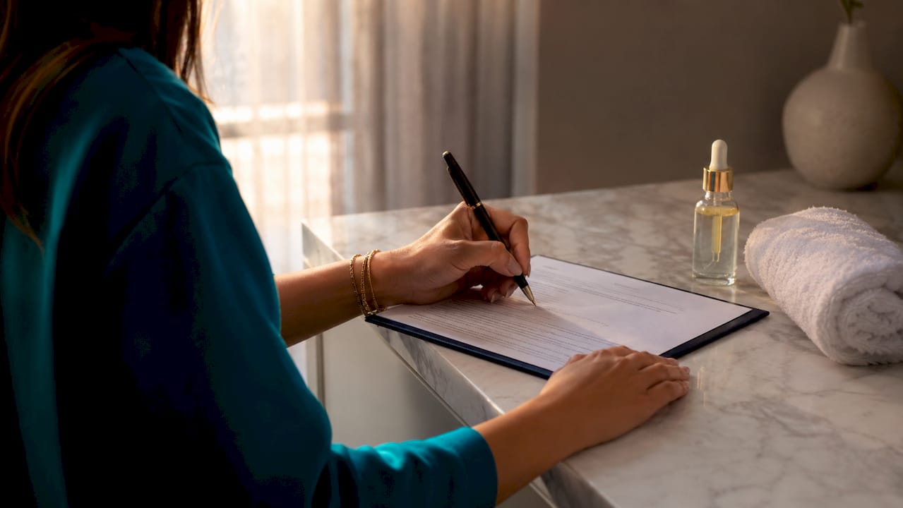 Client signing facial consent form close-up
