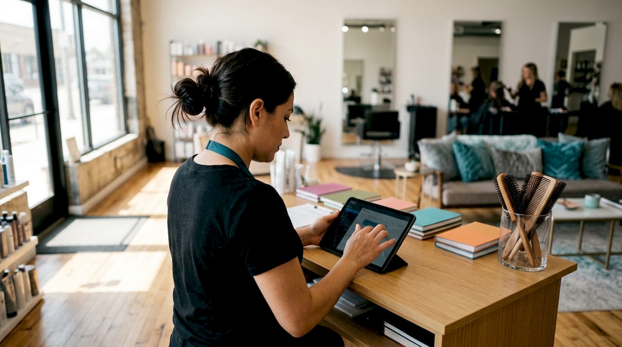 Stylist using digital scheduling at salon desk