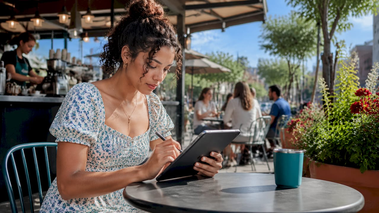 Woman completing digital brow tinting consent form on tablet