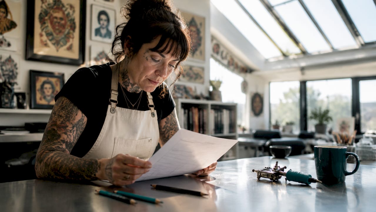 Tattoo artist reviewing client intake form at desk