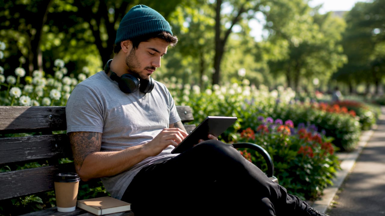 Person filling digital tattoo intake form on tablet outdoors