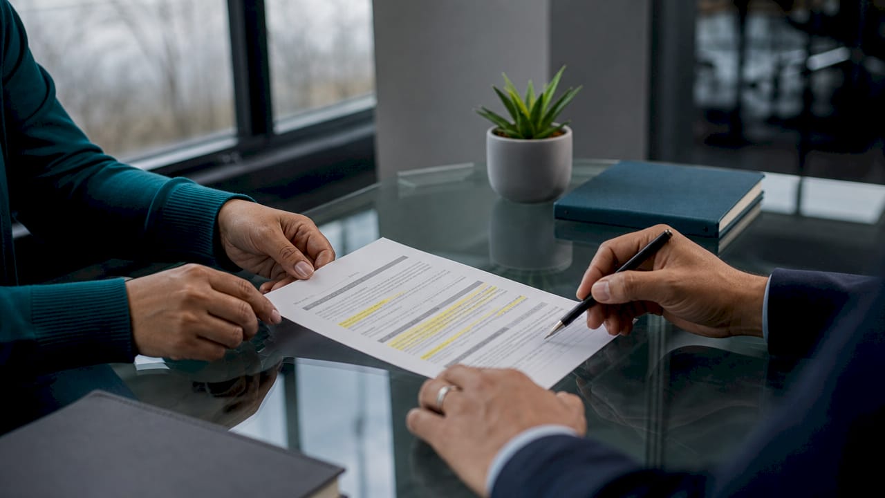 Hands pointing at legal risks on intake form