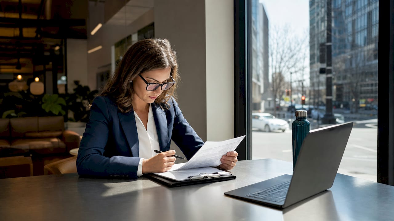 Woman reviewing client intake form at clinic desk
