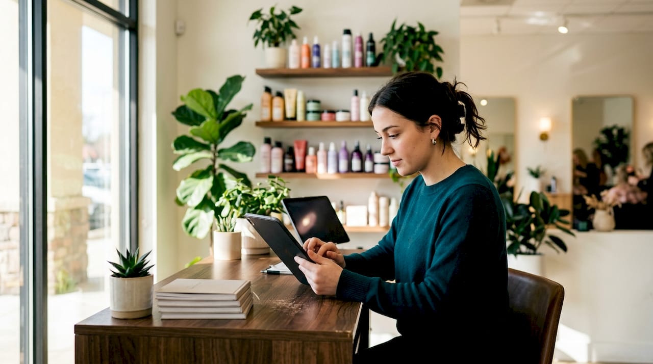 Salon receptionist using digital form on tablet