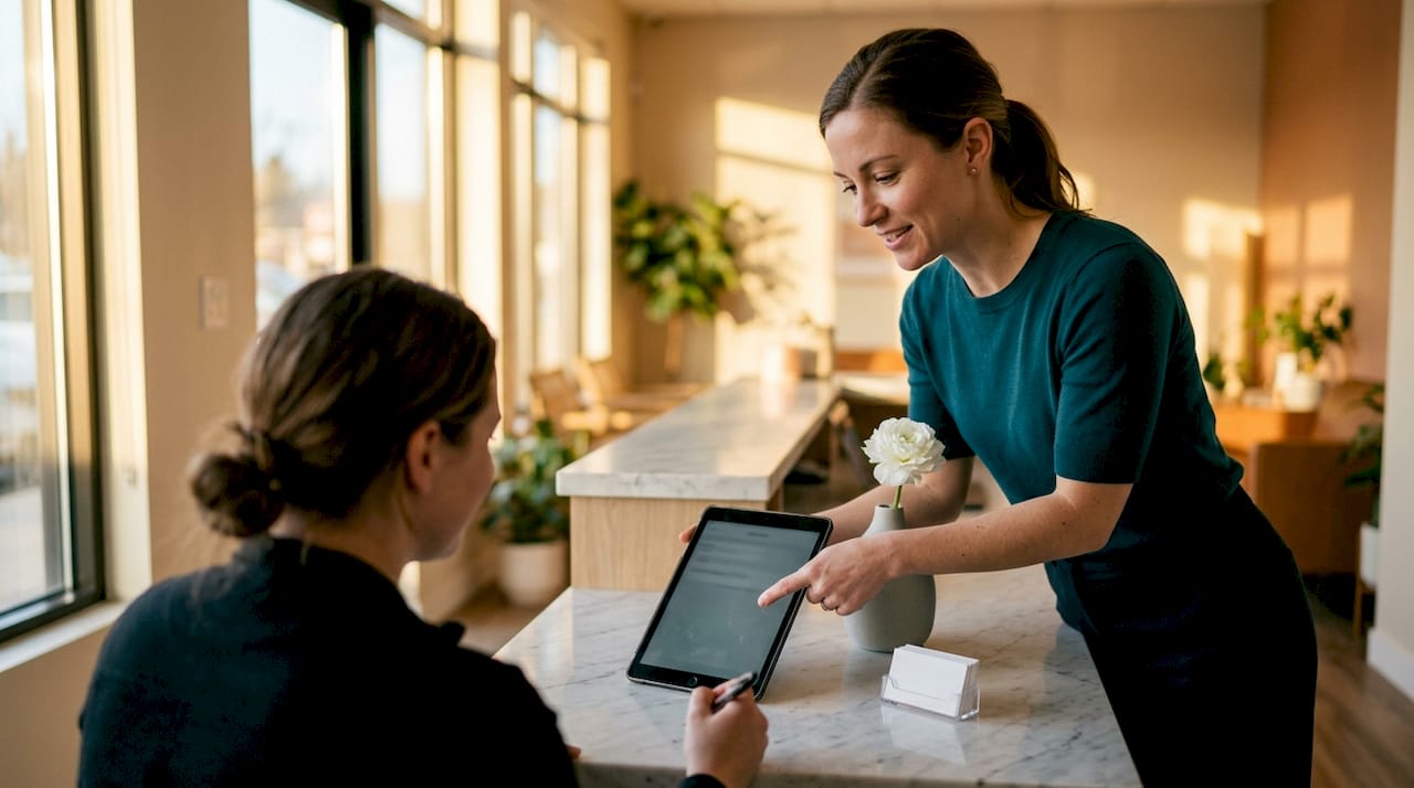 Service provider assisting client with digital intake form