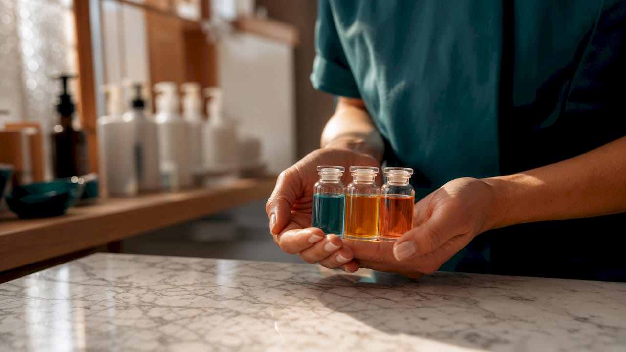 Esthetician holding different chemical peel vials