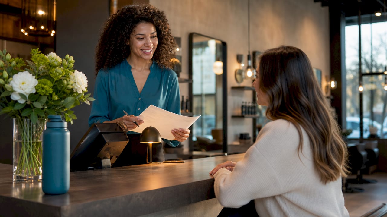 Salon receptionist preparing intake form