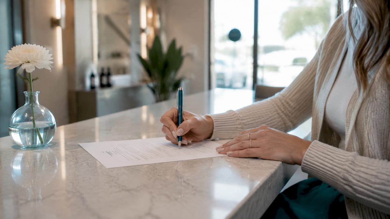 Client signing spray tan consent form on clipboard