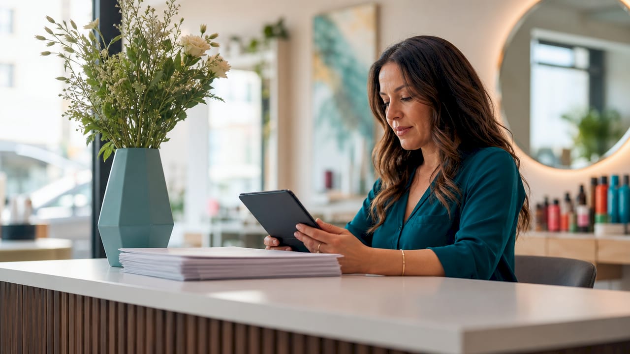 Salon owner reviewing digital form on tablet