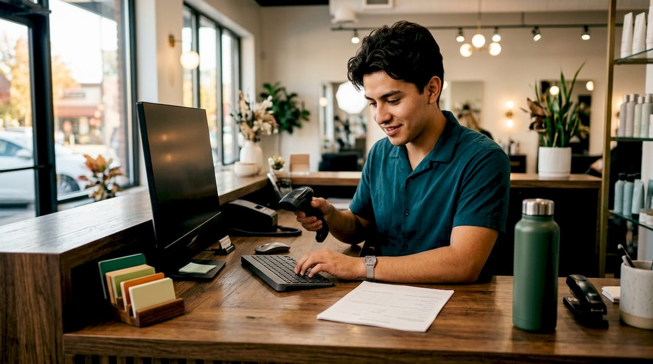 Receptionist scanning paper form at salon desk