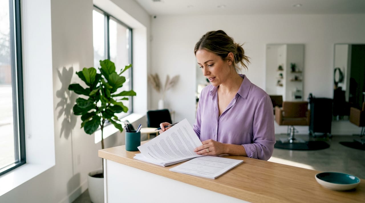 Salon owner reviewing GDPR intake forms