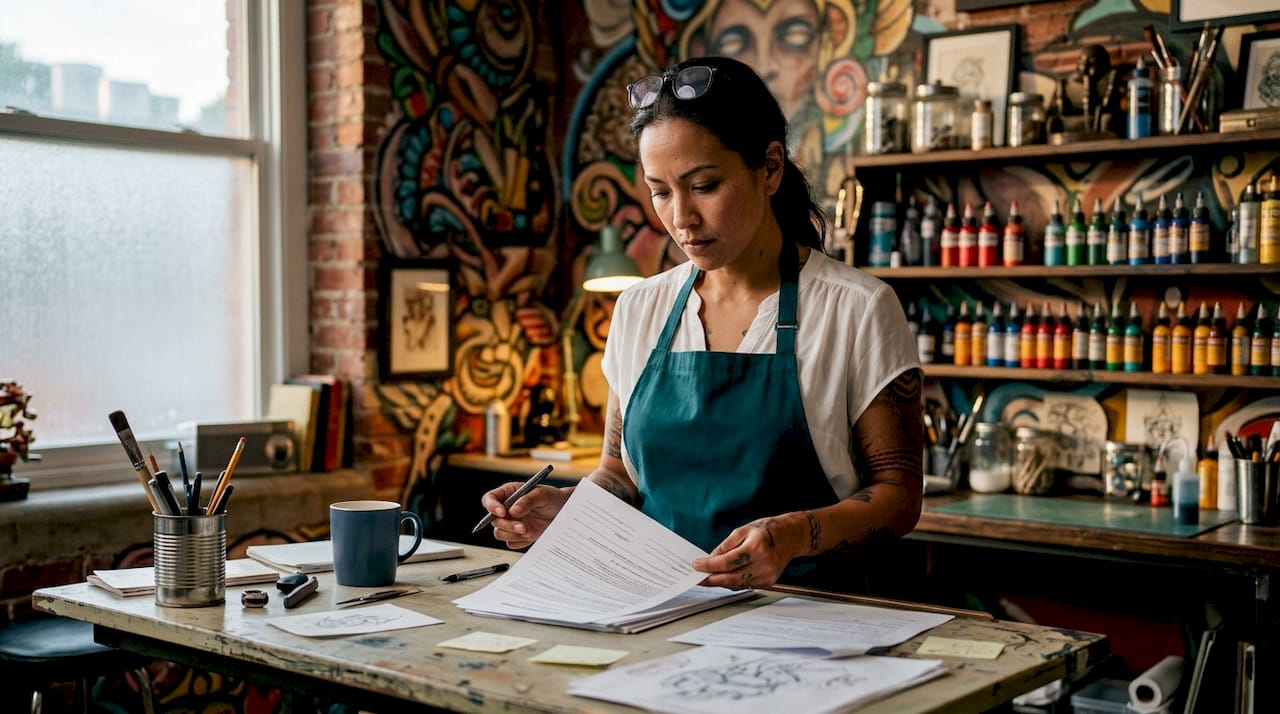 Scarification artist reviewing consent forms