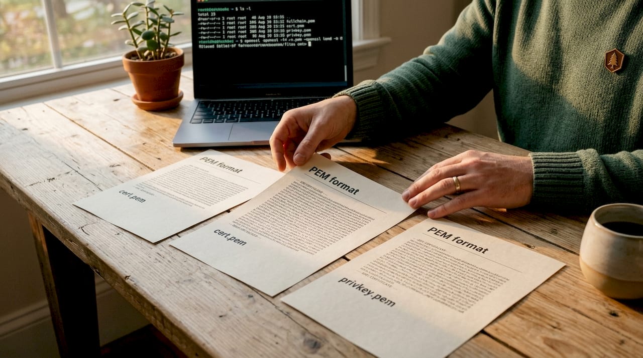 Hands organizing SSL certificate files