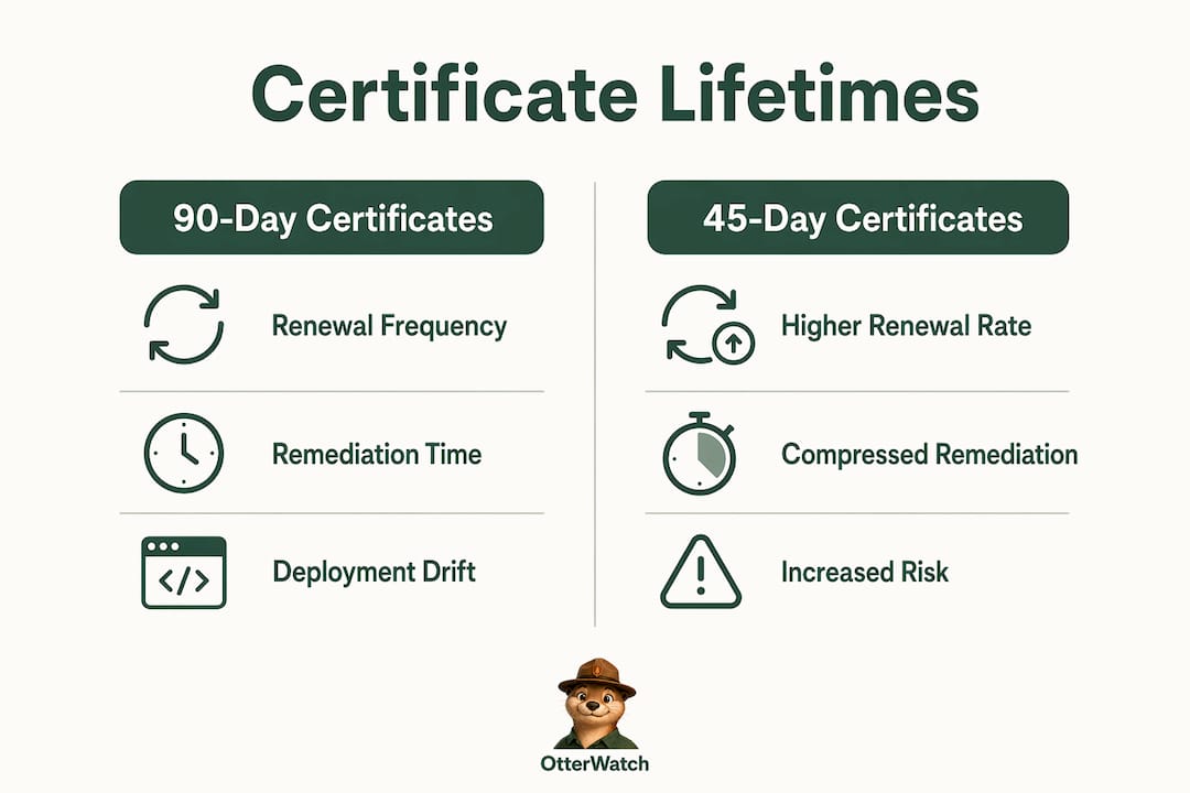 Infographic comparing 90-day and 45-day certificate monitoring