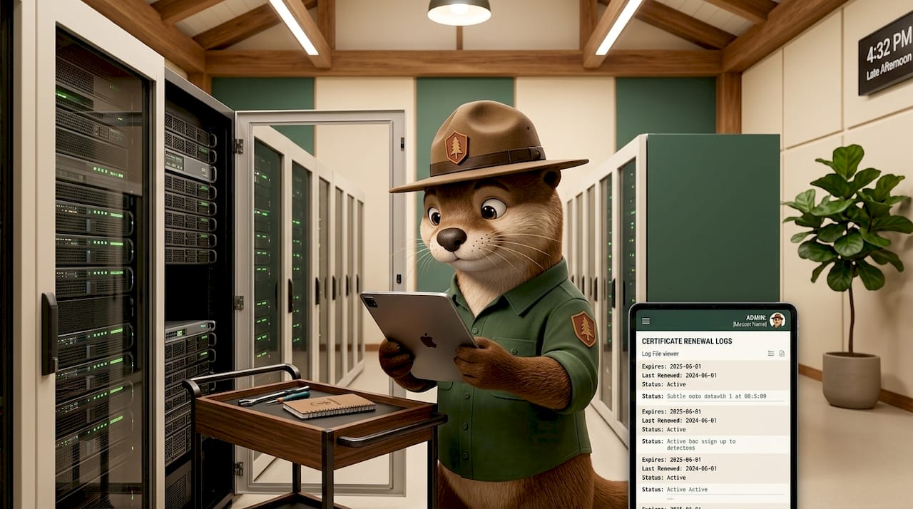 Server room with admin checking certificate renewals