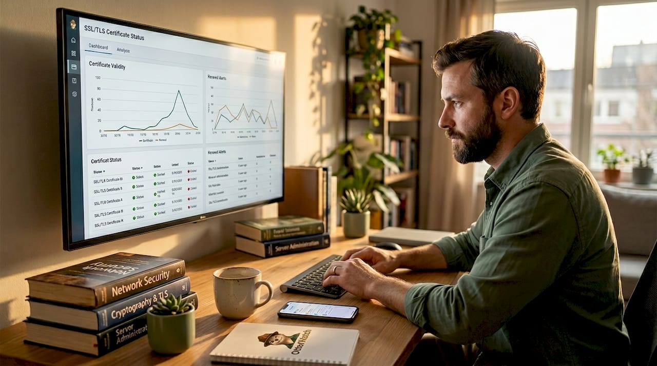 IT specialist monitoring SSL certificate dashboard