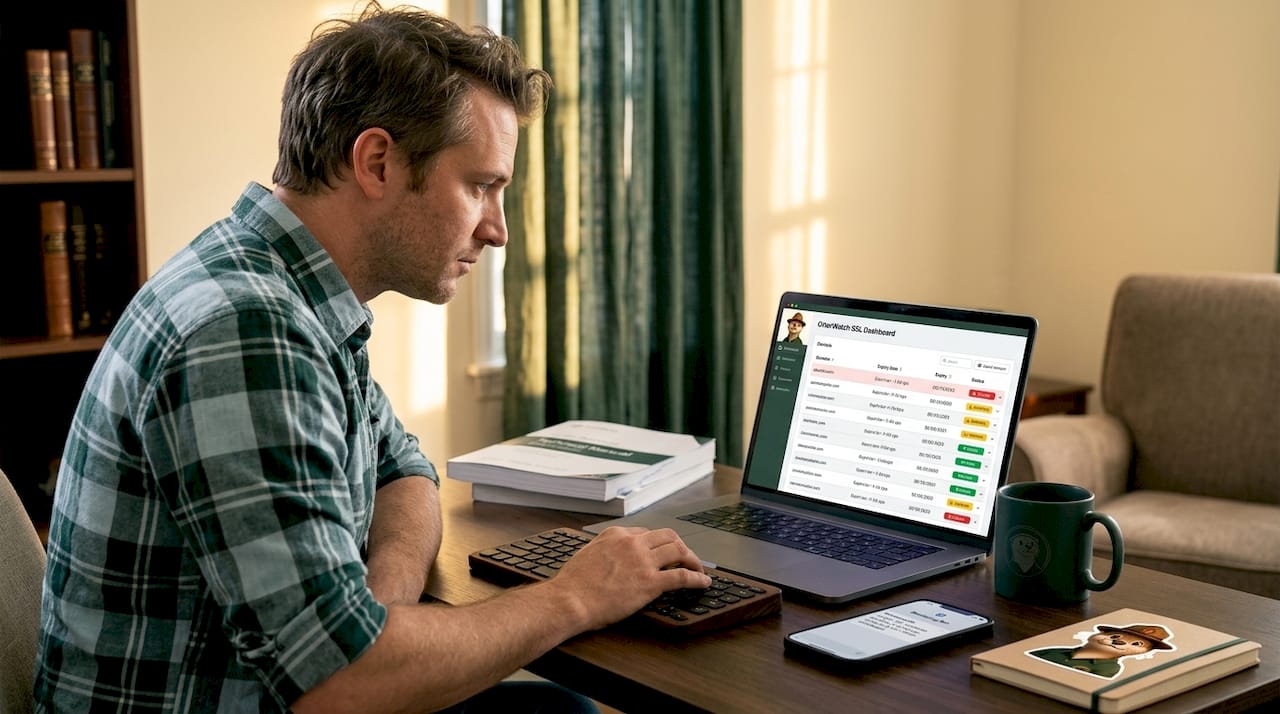 IT specialist reviewing SSL expiry alerts on laptop