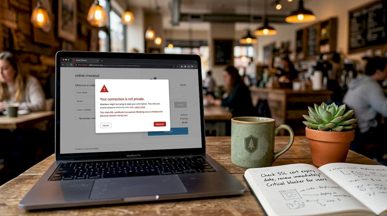 Laptop with SSL security warning on checkout