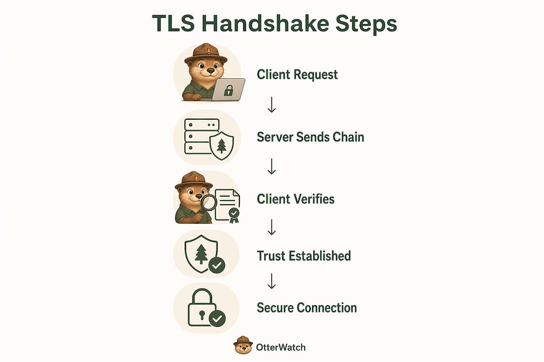 Infographic illustrating TLS handshake steps with certificate chain