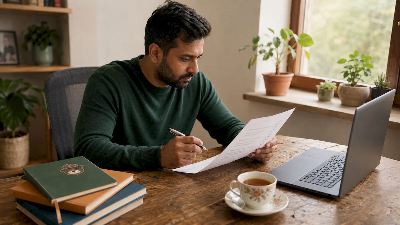 Man reviewing printed SSL checklist at desk