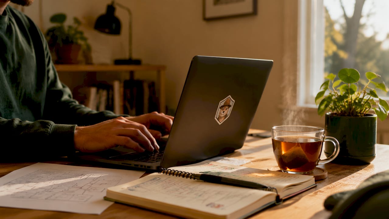 Developer typing code on laptop at home desk