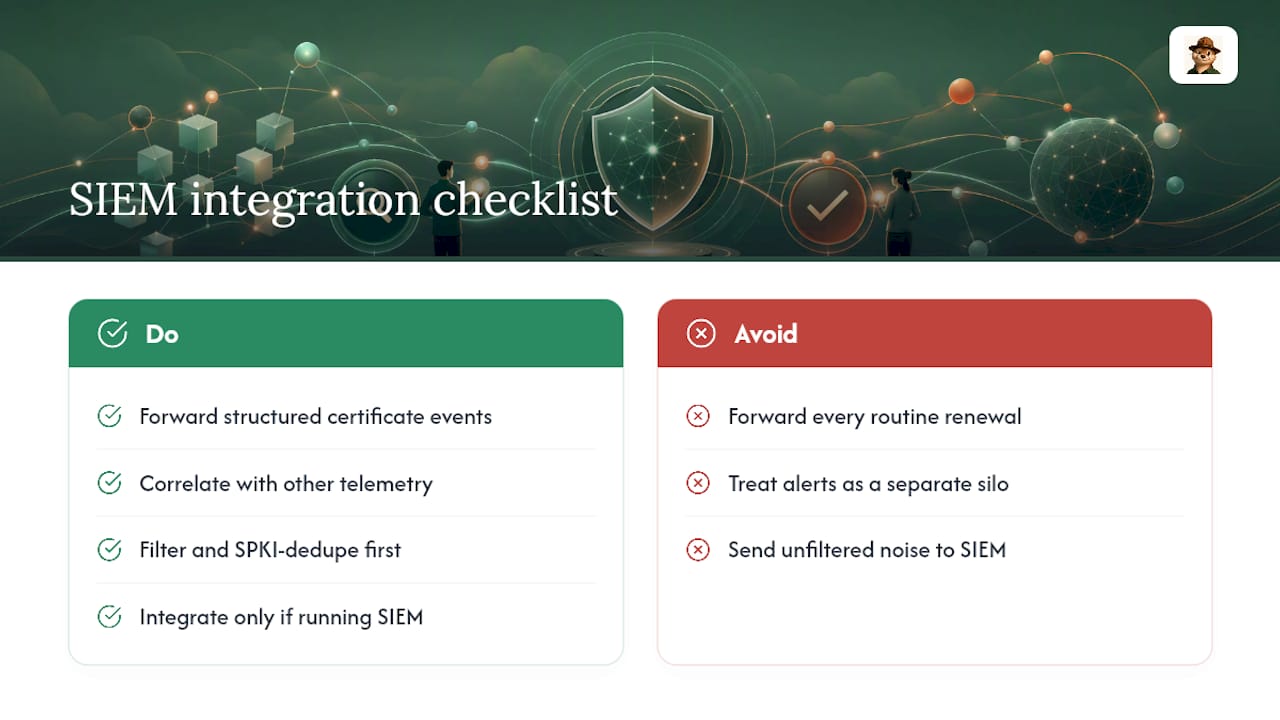 Feeding Certificate Alerts Into Your SIEM — overview diagram