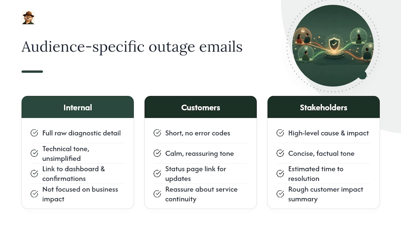 Three alert email versions by audience