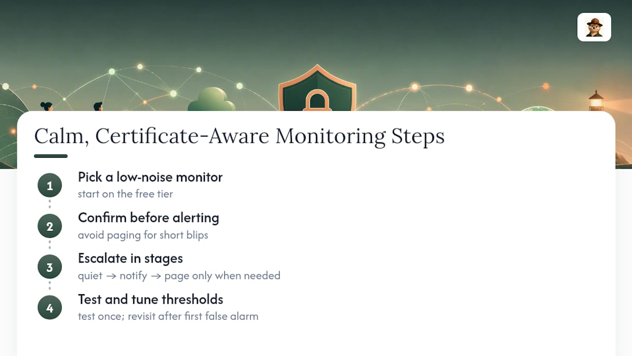 Why Calm, Certificate-Aware Monitoring Beats Alarmism — overview diagram