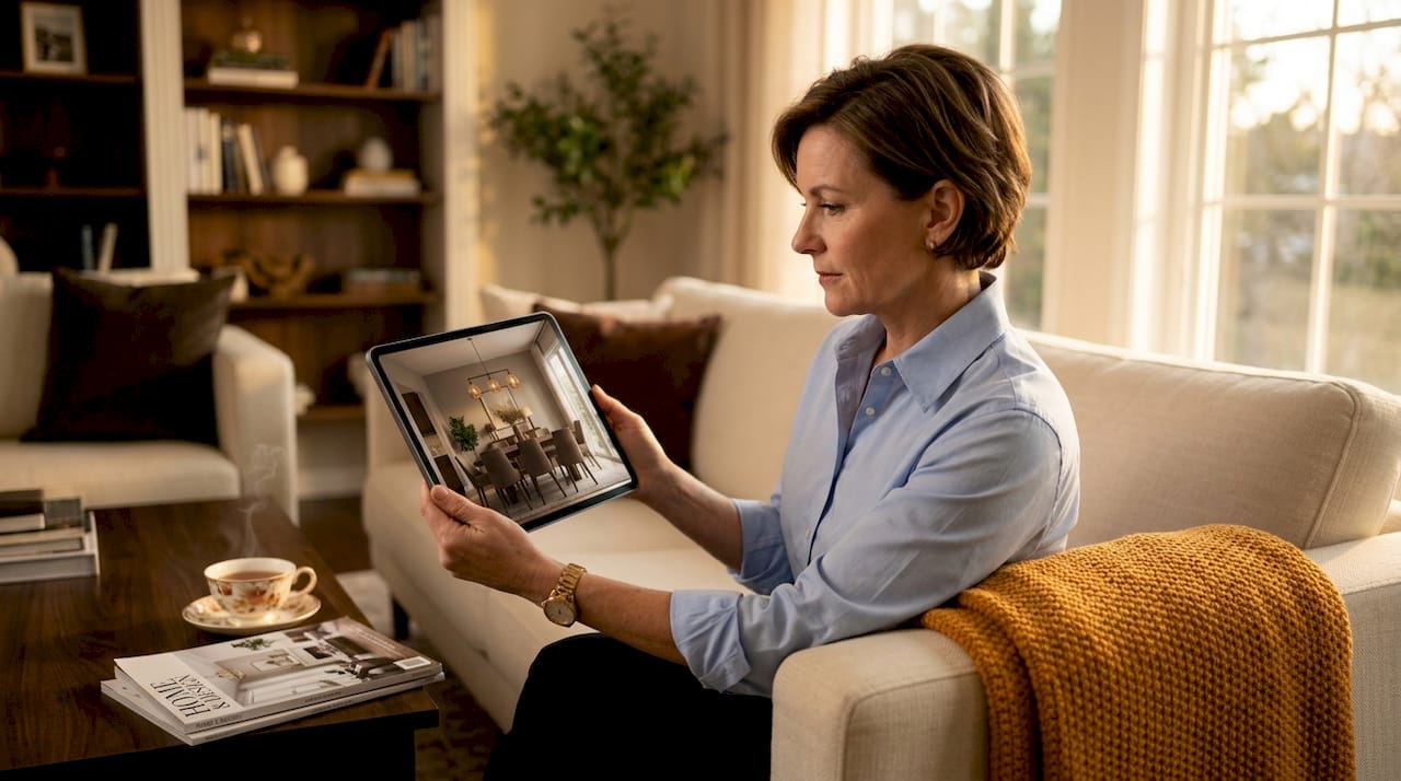 Real estate agent reviewing AI virtual staging on tablet