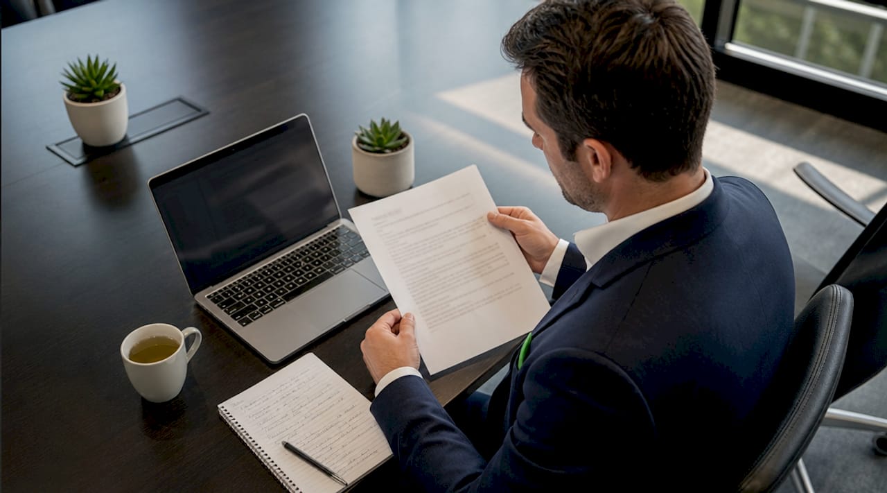 Franchise buyer reviewing agreement papers