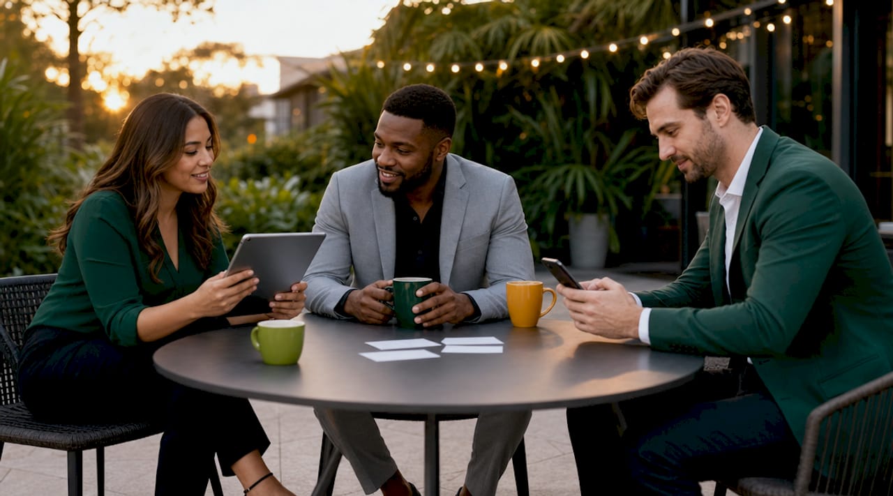 Group browsing franchise portals in café