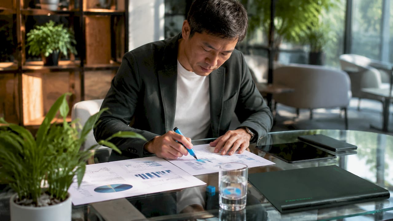 Man reviewing franchise financial documents at desk