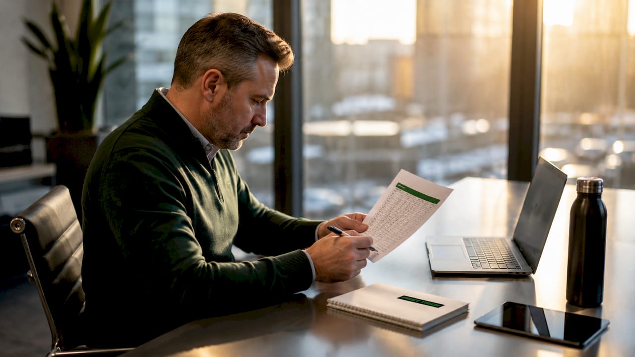 Franchise developer reviewing lead checklist at desk