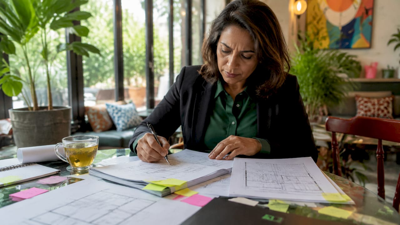 Businesswoman reviewing franchise manuals at desk