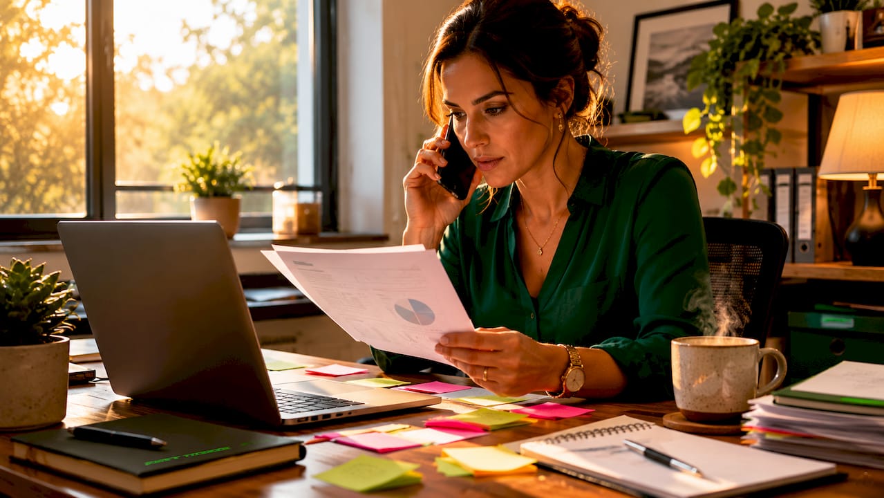 Woman on phone reviewing franchise documents